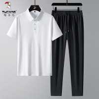啄木鸟夏季冰丝款套装男士无痕T恤短袖POLO+休闲裤子男两件装父亲