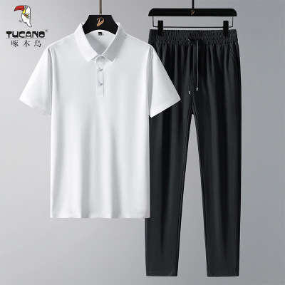 啄木鸟夏季冰丝款套装男士无痕T恤短袖POLO+休闲裤子男两件装父亲