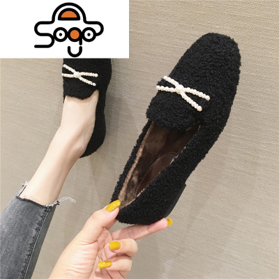 七色王国香港秋冬大码加绒羔毛平底鞋保暖方头平跟女鞋加厚毛毛鞋棉单鞋休闲鞋
