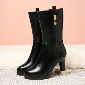 中年妈妈靴子女冬加绒马丁靴女高跟小跟中筒靴加绒棉靴软皮靴棉靴