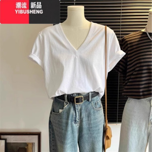 YIBUSHENG白色正肩短袖女t恤2024新款上衣胖MM大码韩版宽松V领打底衫