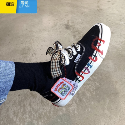 聚范小众设计日系jk格子百搭低帮可爱少女蝴蝶结涂鸦帆布鞋JK日系风黑色拍下备注平时所穿尺码或联系客服