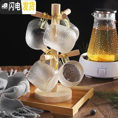 三维工匠玻璃壶可高温凉白开水壶玻璃家用耐热防爆烧水煮茶冷水壶水杯套装 托盘+6杯+水杯架凉水壶