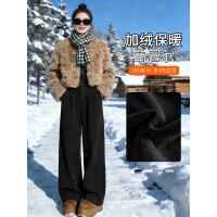 黑色灯芯绒西装裤女秋冬加绒加厚高腰垂感直筒雪尼尔窄版阔腿裤子_736