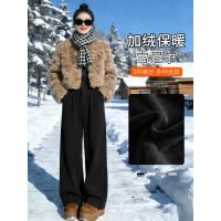 黑色灯芯绒西装裤女秋冬加绒加厚高腰垂感直筒雪尼尔窄版阔腿裤子