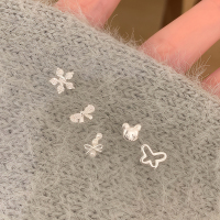 纯银锆石珍珠蝴蝶结花朵耳钉女小众设计感甜美气质耳骨钉养耳