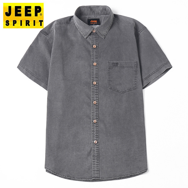 JEEP SPIRIT夏季男士天丝短袖衬衫宽松休闲透气上衣纯色青年翻领衬衣
