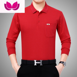 七斓新款中老年长袖t恤男爸爸装广告衫 红色本命年翻领中年打底衫