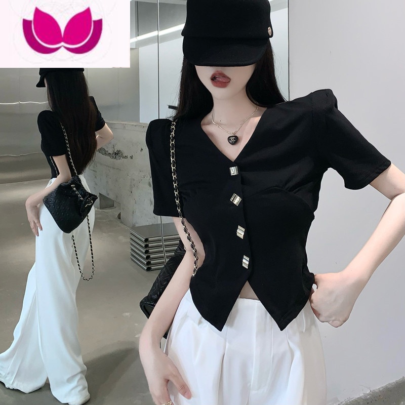 七斓黑色短袖t恤女2023年夏季修身设计感V领洋气欧货小衫垫肩上衣