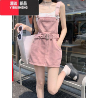 YIBUSHENG大码脏粉色牛仔背带连衣裙女季新款设计感高腰显瘦a字短裙子潮