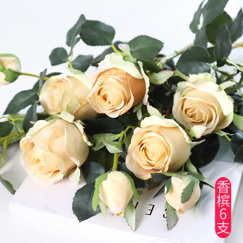 花束套装美式欧式装饰花假花绢花客厅摆件花瓶 香槟6支(保加利亚玫瑰)