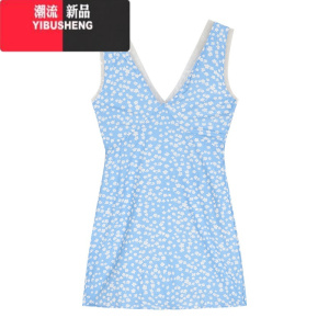 YIBUSHENG蓝色碎花v领背心连衣裙女装季度假修身短裙叠穿无袖收腰a字裙子