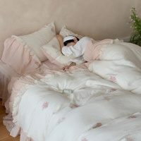 法式慵懒风A类全棉皱皱纱四件套软糯泡芙感四季床品花边被套