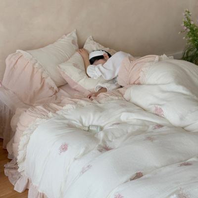 法式慵懒风A类全棉皱皱纱四件套软糯泡芙感四季床品花边被套