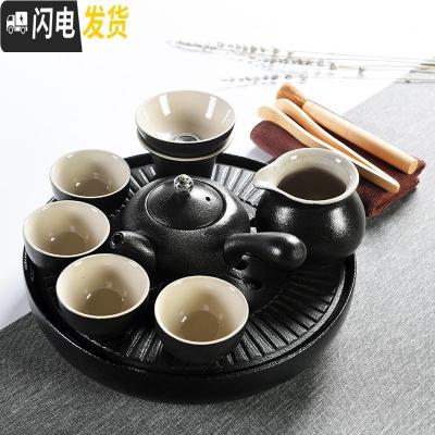 三维工匠全陶瓷储水式干泡日式大号茶盘小茶台家用茶托功夫茶具茶道 圆形黑陶蒲公英-黑陶盖钮侧壶7头