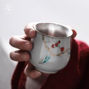 家柏饰(CORATED)陶瓷功夫鎏银999手绘茶盏主人杯品茗杯单杯茶杯内胆单个