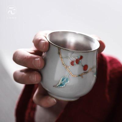 家柏饰(CORATED)陶瓷功夫鎏银999手绘茶盏主人杯品茗杯单杯茶杯内胆单个