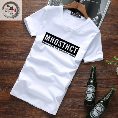 专注品质-夏季新款男士短袖T恤印花v领半袖男装修身t桖上衣服打底体桖运动T恤瑞希罗