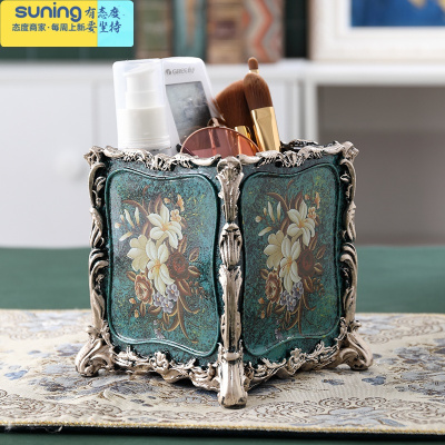 希杰狮王欧式复古笔筒美式田园家居梳子化妆刷筒时尚摆件客厅遥控器收纳盒新蓝黑色银边笔筒