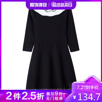 7M拉夏贝尔2021秋季韩版黑色连衣裙女装收腰气质显瘦网红裙子黑色S
