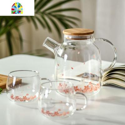。日式冷水壶家用透明玻璃壶花茶壶泡茶耐热果汁壶凉水壶水杯具套 FENGHOU 蝴蝶兔子小号+4杯
