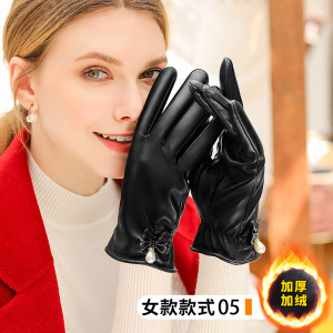 啄木鸟皮手套女冬季加绒加厚防风防水触屏保暖摩托电动车骑行手套