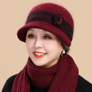 啄木鸟中老年人帽子妈妈奶奶冬天加厚兔毛盆帽加绒保暖针织毛线帽