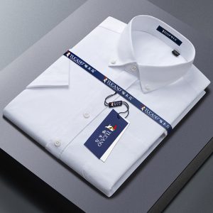 啄木鸟纯棉牛津纺白色男士衬衫短袖2025夏季免烫工装爸爸长袖衬衣