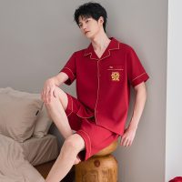 本命年大红色春夏男士纯棉结婚喜庆家居服可外穿短袖短裤开衫套装