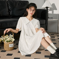 唐狮夏季女娃娃领净色短袖宽松连衣裙法式简约百搭气质优雅甜美温柔