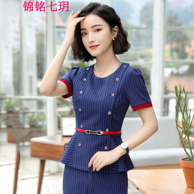 锦铭七玥夏季空姐乘务员短袖职业装工装干练条纹西装套裙两排扣遮肚套装