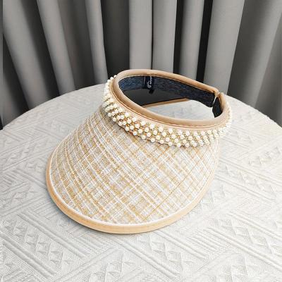 2025韩版大檐黑胶防晒遮阳帽珍珠发箍款太阳帽高级感气质空顶帽女