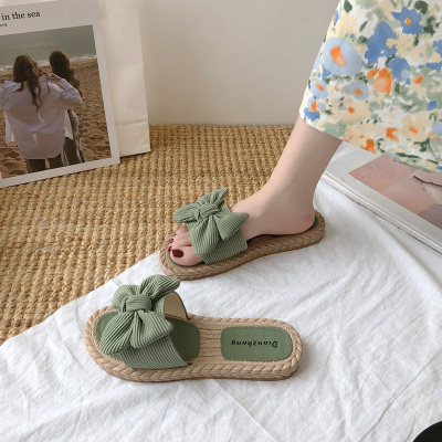 直营特卖-拖鞋女外穿平底仙女风2021年夏季新款韩版百搭蝴蝶结沙滩一字凉拖OLOEY