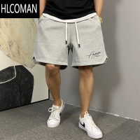 HLCOMAN夏季美式休闲痞帅刺绣灰色短裤男宽松潮牌高街运动5五分裤子