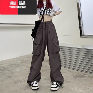 YIBUSHENG季美式复古工装休闲裤女百搭直筒垂感宽松阔腿裤子ins束脚长裤