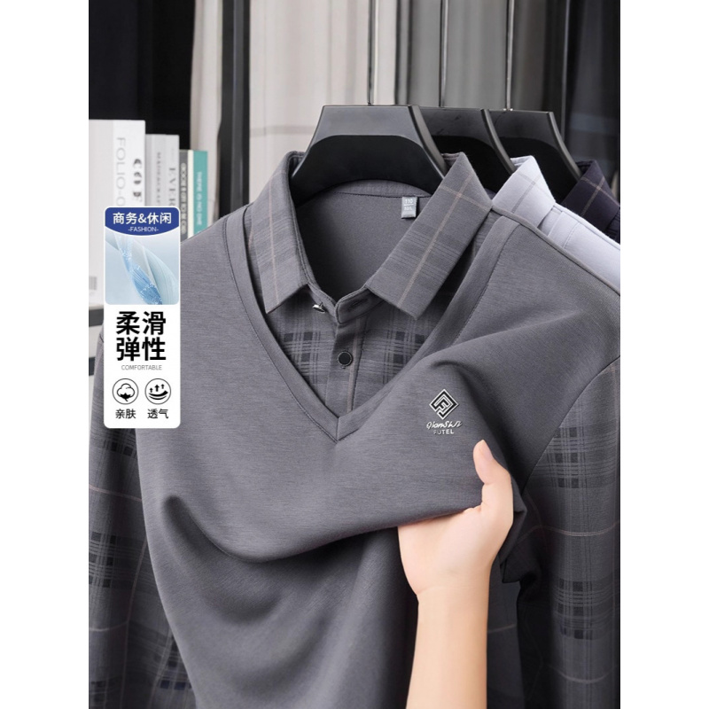 新款假两件长袖T恤男士翻领商务休闲爸爸装