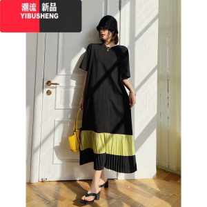 YIBUSHENG季女装拼接撞色压褶长裙高个子装加长款过膝宽松T恤连衣裙子