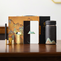 苏氏陶瓷(SUSHI CERAMICS)手绘釉画彩千里江山禅黑保温杯泡茶杯商务文创伴手礼套组