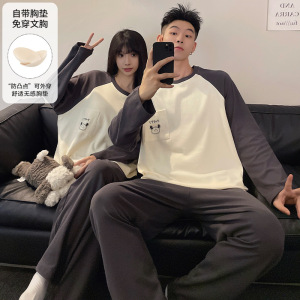带胸垫女士情侣睡衣秋冬季韩版长袖休闲男士卡通可外穿家居服套装