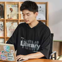 [2.5折价71元]唐狮夏季新款青少连帽半袖卫衣男休闲宽松黑色上衣薄款潮牌