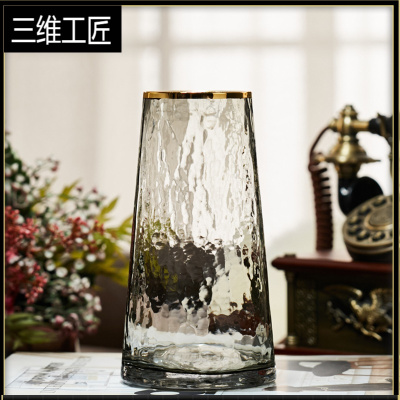 新锤纹日系描金玻璃花瓶简约创意水养插花花器清新瓶摆件三维工匠新锤纹（10-240烟灰）