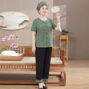 奶奶装短袖新款老年女装40-60岁大码宽松两件套老人家衣服衣服女