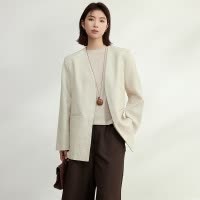 老钱风 天丝苎麻无扣西装外套女25春季新款极简一手长V领休闲西服
