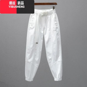 YIBUSHENG季宽松休闲裤女白色2024簿款松紧腰显瘦哈伦裤9分时尚老爹裤潮