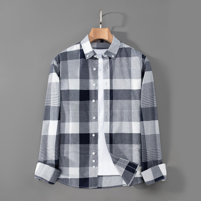 春秋新款格子全棉长袖衬衫男士修身工装衬衣休闲潮流寸衫