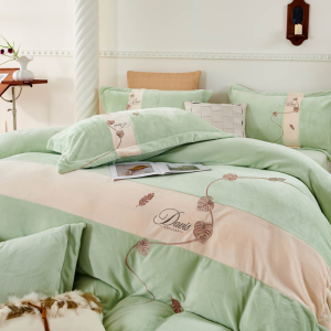 悠梦嘉居叶曼牛奶绒四件套秋冬加绒套件刺绣款拼接轻奢高克重款1.5/1.8床通用保暖御寒强YJ-14563