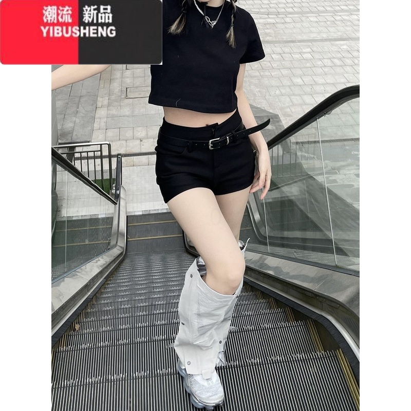 YIBUSHENG大码胖mm黑色性感休闲裤女外穿弹力紧身短裤美式辣妹高腰包臀热裤