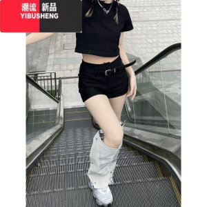 YIBUSHENG大码胖mm黑色性感休闲裤女外穿弹力紧身短裤美式辣妹高腰包臀热裤