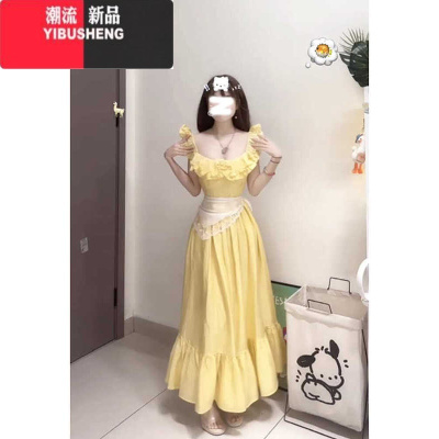 YIBUSHENG黄色小飞袖方领吊带连衣裙子女季2024新款法式海边度假收腰长裙