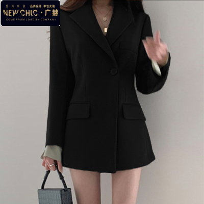 广赫网红垂感炸街小西装外套女春秋韩国版英伦风宽松休闲黑色西服上衣夹克